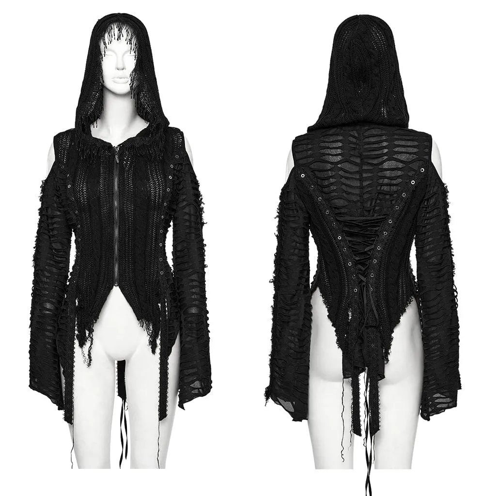 Women's Gothic Off-the-shoulder Ripped Black Knitted Coat with Hood