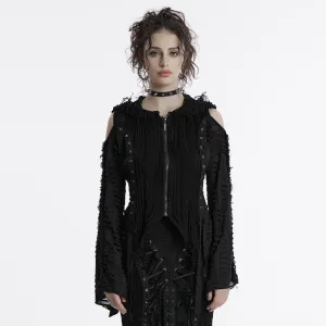 Women's Gothic Off-the-shoulder Ripped Black Knitted Coat with Hood