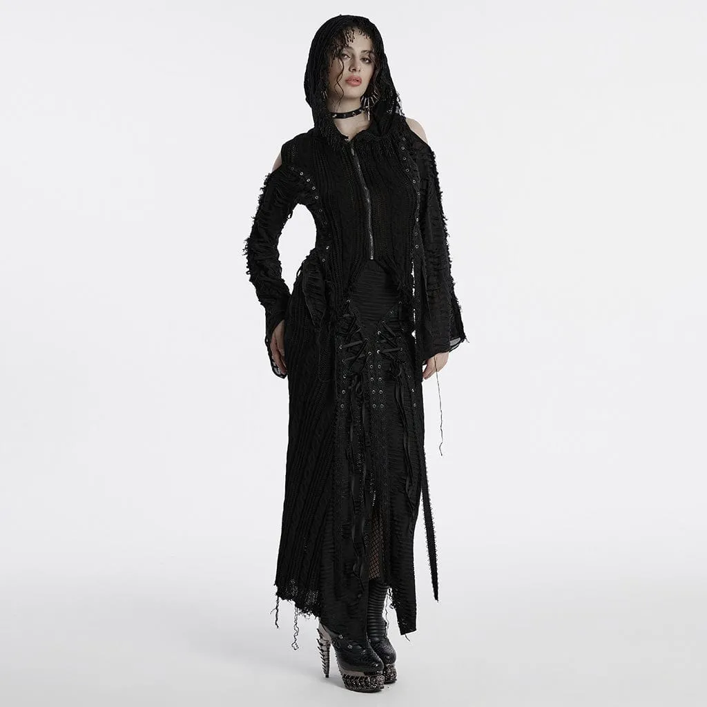 Women's Gothic Off-the-shoulder Ripped Black Knitted Coat with Hood