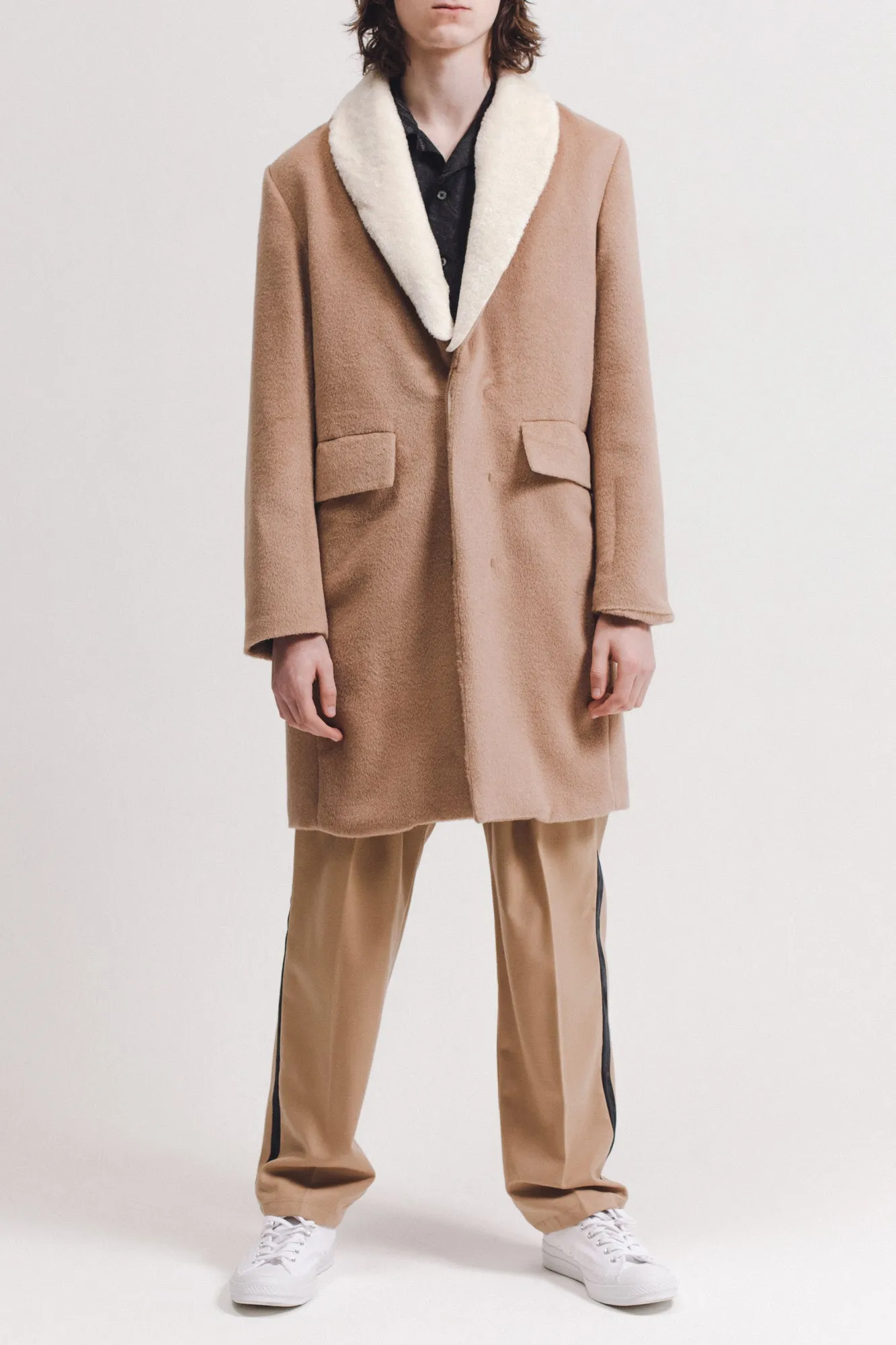 Wool Overcoat With Shearling - Tan