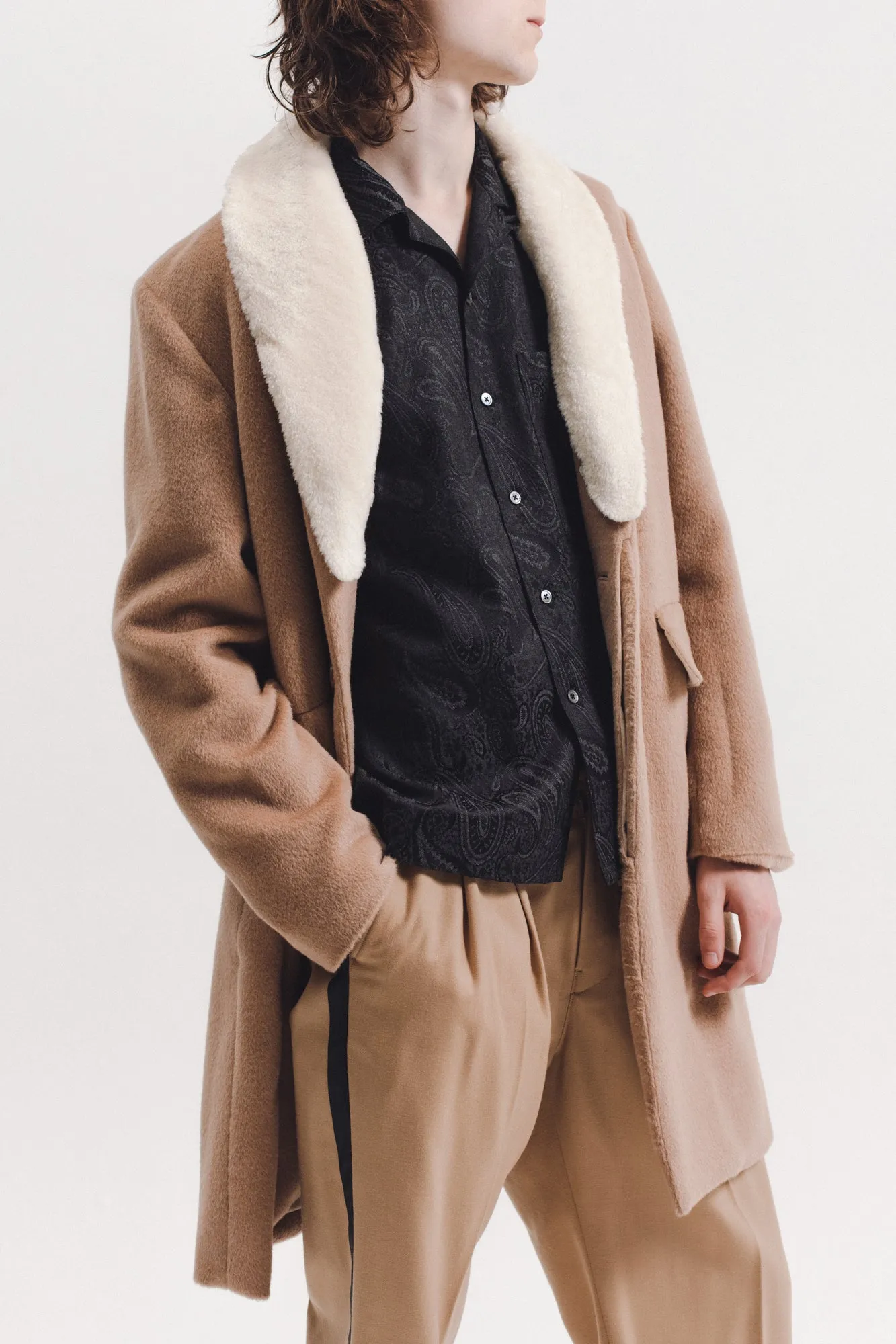 Wool Overcoat With Shearling - Tan